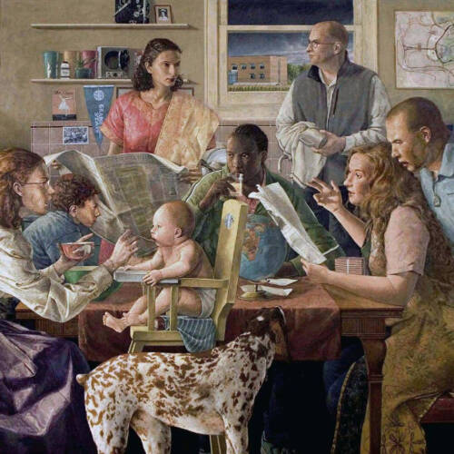 Large painting with many figures seated around a kitchen table - woman feeding her baby, man washing a coffee mug, woman reading newspaper with man behind her who is mad, plus many others, and other symbolic objects.